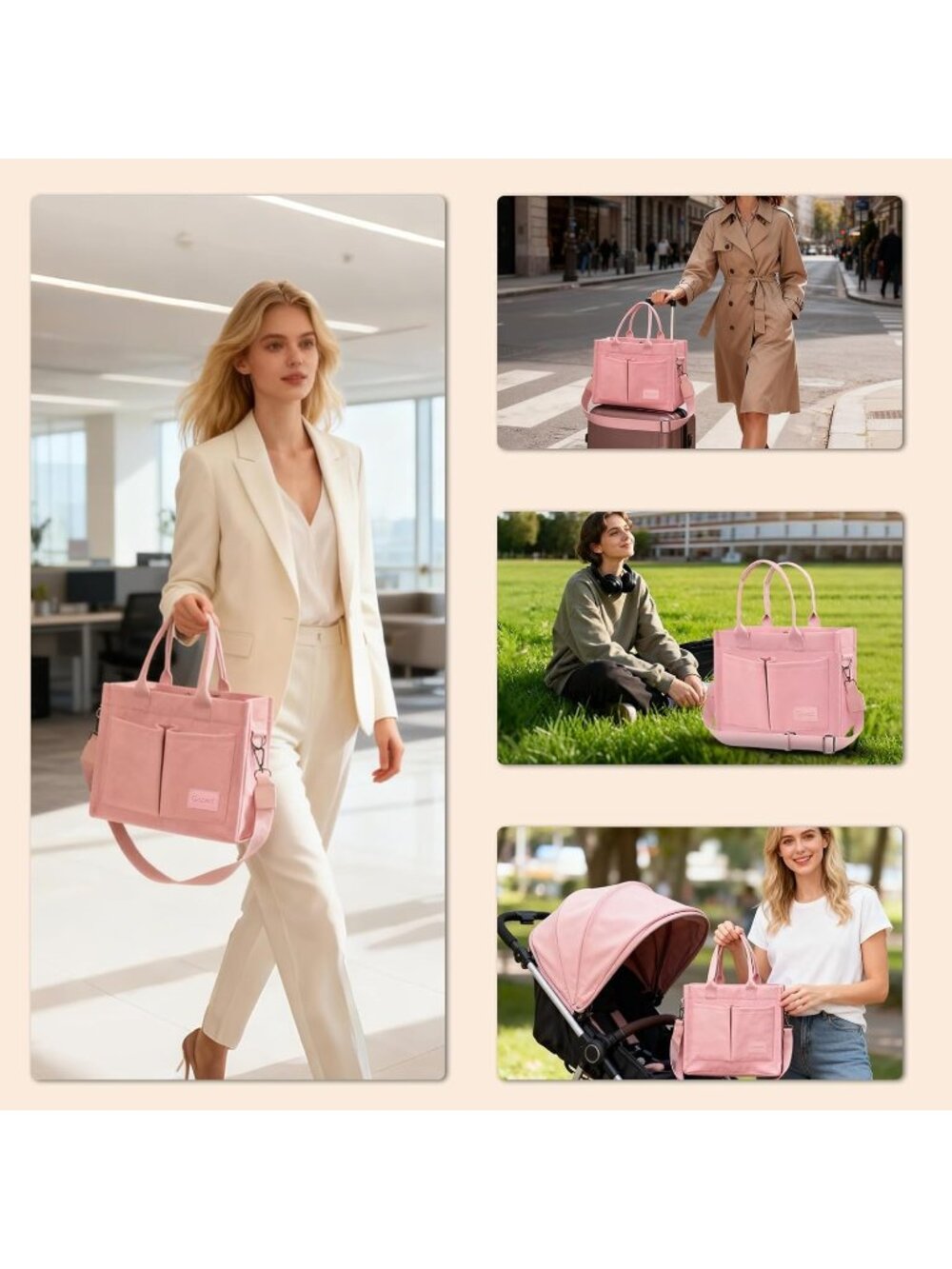 Women Pink Crossbody Tote Bag Pockets Laptop Work Shoulder Bag